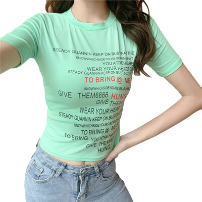 

Womens Korean Style Candy Color Round Neck Letter Print Short Sleeve Tight Crop Top T-Shirt