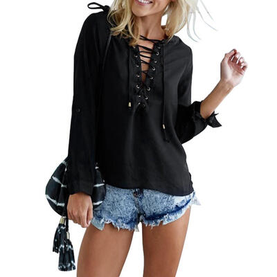 

Women Fashion Chiffon Blouse Bandage Sexy V Neck Long Sleeve Loose Shirt