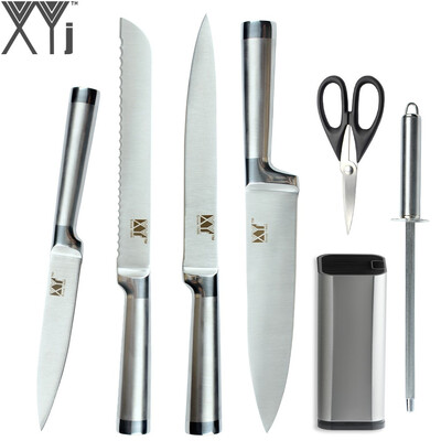 

XYj Brand 4 Pcs Kitchen Stainless Steel Knives 8 inch Knife Stand Sharpening Rod Scissor Durable Cooking Tools