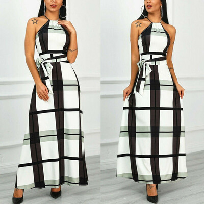 

Women Halter Neck Long Evening Formal Cocktail Party Ball Gown Maxi Plaid Dress