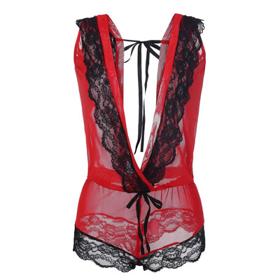 

Toponeto Women Deep V-Neck Lace Lingerie Bowknot Bodysuit Jumpsit Nightdress Sleepwear