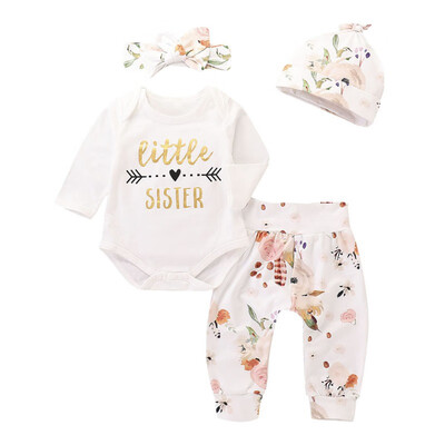 

2018 Newborn Baby Girl Clothes Set 100 Cotton Long-sleeved RomperTrousersHatHeadband 4pcs Infant Clothes