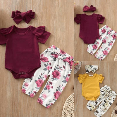 

Newborn Infant Girls Clothes Tops Romper Floral Pants Headband 3PCS Outfits