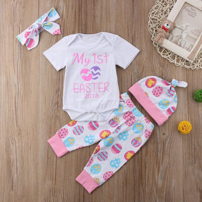 

4PCs Newborn Infant Baby Girls My 1st Easter Romper Long Pants Headband Outfits