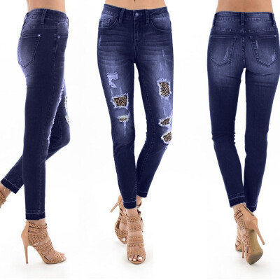 

Tailored Women Autumn Elastic Shredded Leopard Print Denim Plus Pants Pants Jeans