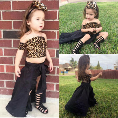 

Kids Baby Girl 4PCS Clothes Leopard Wipe TopsDovetail Skirt Pants Hair Band Set
