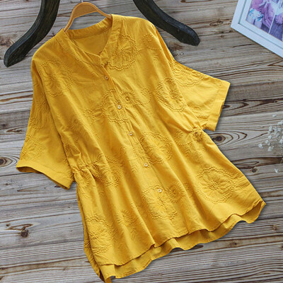 

Starmoon Women Vintage Embroidery Casual Short Sleeve Button Linen Top T-Shirt Blouse