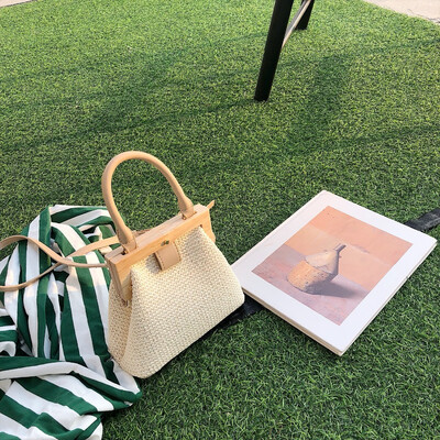 

Retro Woven Straw Bag Wooden Top Handle Clip Bag Buckle Women Shoulder Messenger Bag Clutch Purse Bolso femenino Lady Handbag