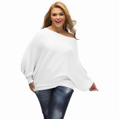 

One-neck long-sleeved ribbed knit loose sweater straight multi-size top