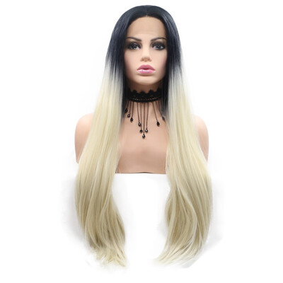 

Amazing Star Lace Frontal Wigs Straight Hair Wigs Ombre Blonde Color Half Heat Resistant Fiber Middle Part Synthetic Hair Wigs
