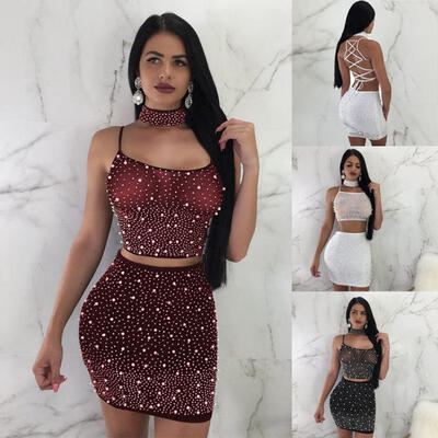 

Women 2 Piece Bodycon Two Piece Crop Top&Skirt Set Bandage Dress Party