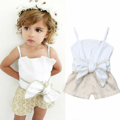 

US Newborn Kid Baby Girl Lace Sling Openwork Bow Rompers Tops Summer Clothes Set