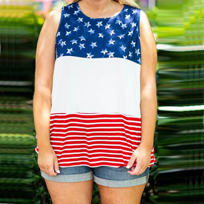 

Starmoon Women Fashion Vest Star Sleeveless American Flag Splice Casual Shirt Blouse Tops
