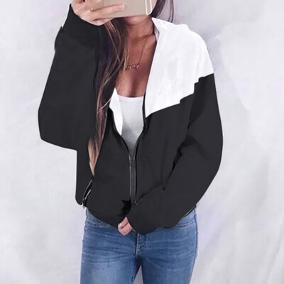 

Roseonmyhand Women Long Sleeve Patchwork Thin Skinsuits Hooded Zipper Pockets Sport Coat