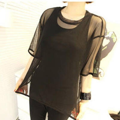 

Women Hollow Mesh Net Sleeveless Tee Tops Semi-Transparent Loose Blouse Tops