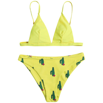 

Women Bikini Set Columnar Cactus Printing Swimsuit Low Waist Bathing Suit