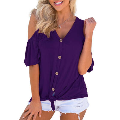 

Solid Color T-shirts Women Summer V-neck Button Knot Cold Shoulder Tops