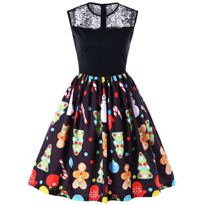 

Christmas Print Lace Panel Sleeveless Flare Dress