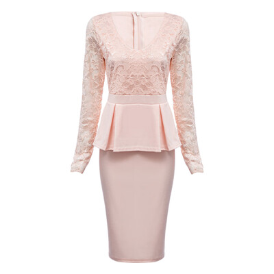 

Sexy V Neck Long Sleeve See-through Lace Spliced Bodycon Women Dress