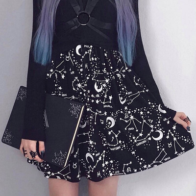 

Roseonmyhand Women Party Gothic Punk Black Starry Sky Moon Print A-Line Short Mini Skirt