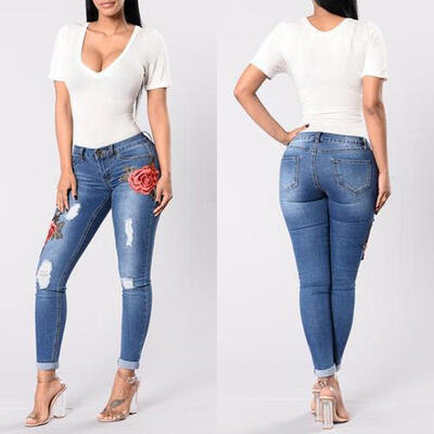 

Womens HOT Skinny Jeans Flower Stretch Denim Embroidered Pants Girls High Waist Denim Trousers