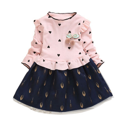 

Spring Kids Girls Casual Long Sleeve Dress Costume Baby Heart Pattern Children Cotton Dresses