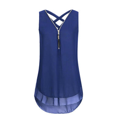 

Women Sleeveless Chiffon Shirts Zipper V-Neck Plus Size Loose Cross Tops