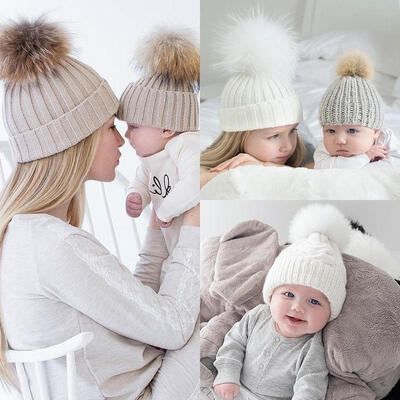

Newborn Baby Warm Winter Knit Beanie Fur Pom Hat Kids Girls Crochet Ski Ball Cap
