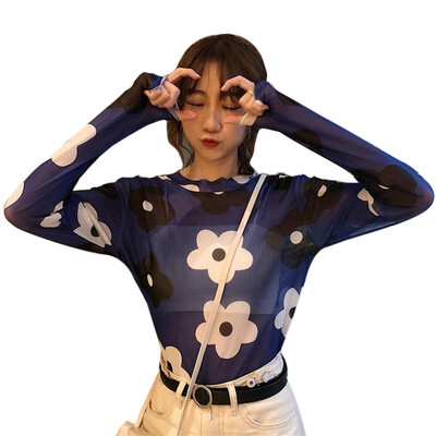 

Womens Casual O Neck Floral Print Long Sleeve Mesh Perspective Sun Protection T-Shirt