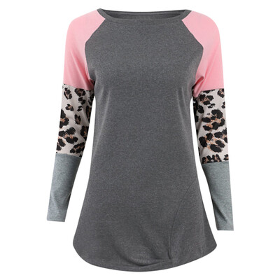 

Leopard Patchwork T-shirt Women Top Casual Style Long Sleeve Tee