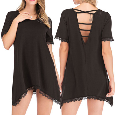 

Nomeni Womens Loose Round Lace Hem Irregular Tops Casual Short Sleeve Blouse T-Shirts