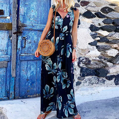 

Starmoon Women Loose Sleeveless Floral Print Rompers High Waist Long Jumpsuit