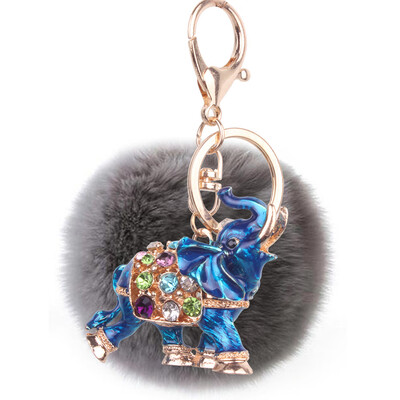 

Soft 8CM Rex Rabbit Hair Ball Diamond Alloy Elephant Keychain Lovers Bags Mobile Phone Accessories