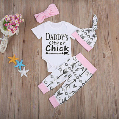 

Newborn Baby Girls Cotton Pink Tops Romper Pants Headband Hat 4pcs Outfits Set