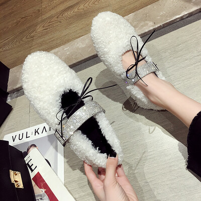 

New Autumn Shoes Korean Edition Fashion Flat Bottom Water Drill Fur Shoes with Buckle Temperament