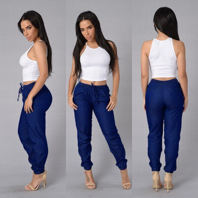 

Tailored Womens Elastic Waist Casual Pants High Waist Jeans Casual Blue Denim Pants
