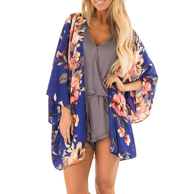 

New Women Chiffon Kimono Cardigan Floral Print Boho Loose Outerwear Beach Bikini Cover Up Blue