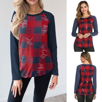 

Starmoon Women Casual Plaid Print Shirt Long Sleeve Round Neck Blouse Loose Tops