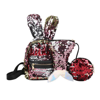 

3pcsset Shiny Sequin School Backpack Women Rabbit Ear Rucksack Purse Bags