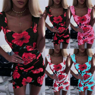 

US Women Sexy Sleeveless Button Bodycon Floral Sundress Party Dress Midi Dress