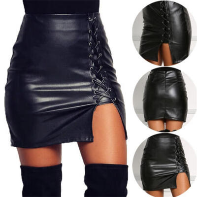 

Fashion Womens Bandage Leather Skirt High Waist Pencil Bodycon Short Mini Dress