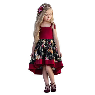 Baby Girls Irregular Sling Dress Summer Bowknot Print Princess Party Dress