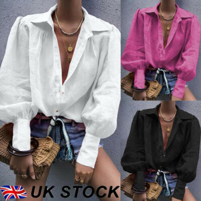

UK Womens Loose Blouse Short Sleeve V Neck Button Down T Shirts Solid Casual Top