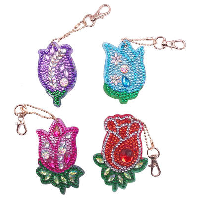 

4pcs DIY Flowers Full Drill Special Shaped Diamond Painting Keychains Gifts