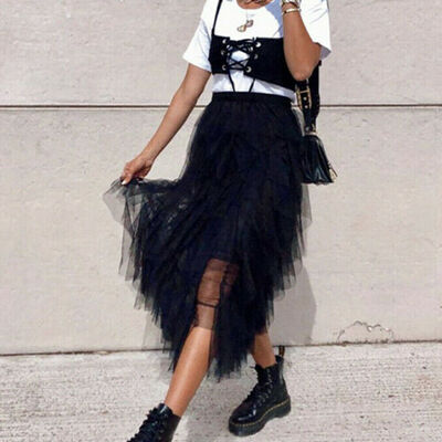 

Women Lady Tulle Mesh Skirt Elastic High Waist Layers Pleated Maxi Long Dress