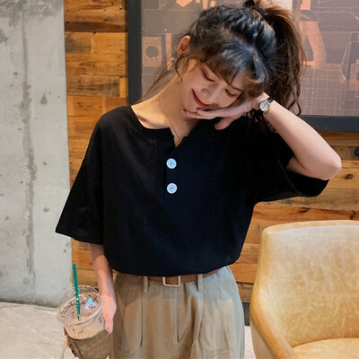 

Women t shirt solid color button top summer short sleeve O-neck knotted fashion casual wild loose T-shirt Solid Basic Soft