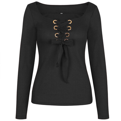 

Sexy U Neck Strap Female T shirt Bow Bandage Autumn Summer T Shirt Long Sleeve Tops Casual Top Slash Neck Buckles 4 Colors Tee