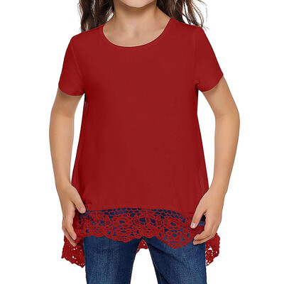 

Summer Children Teens Kids Girls Solid Printed Lace T-shirt Tops Clothes