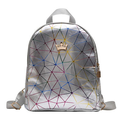 Geometric Print Crown Decor Travel Backpacks Women Laser Leather Knapsack