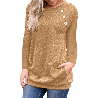 

Women\s Round Neck Solid Color Long Sleeve Button Pocket Casual Wild T-shirt